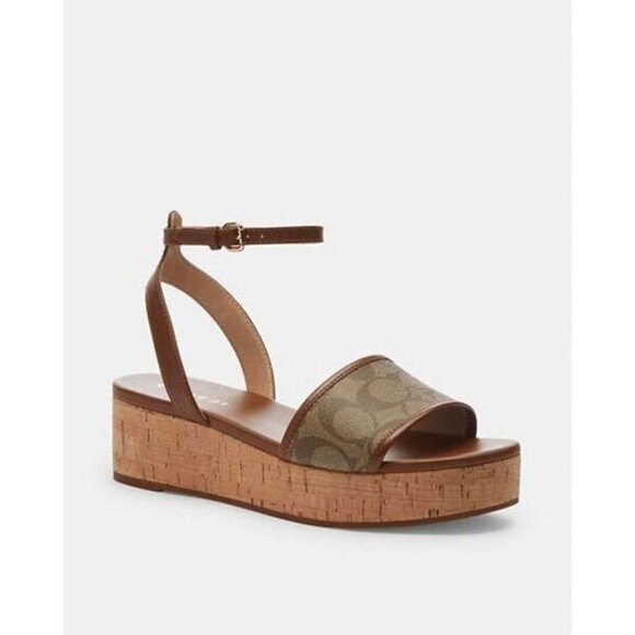Coach Women's Tullie Saddle Khaki Signature Jacquard Cork Wedge Sandals Size 9.5 - Picture 1 of 5